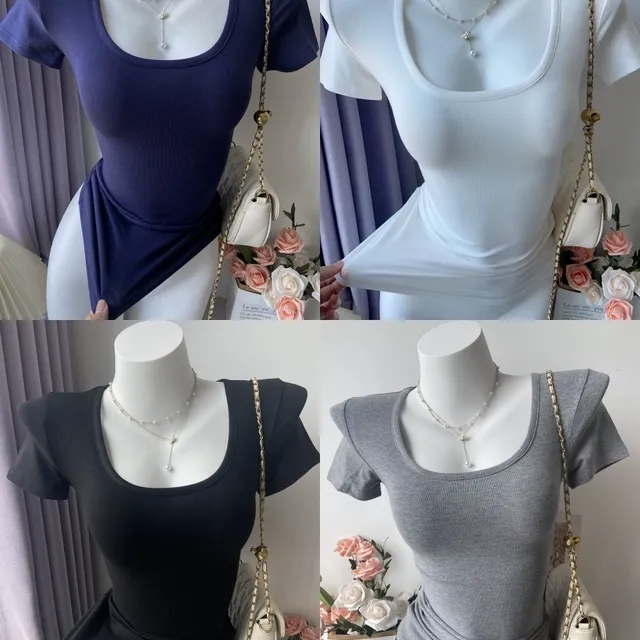 skims正肩U领短袖t恤女夏季紧身弹力显瘦藏蓝色上衣包身简约辣妹