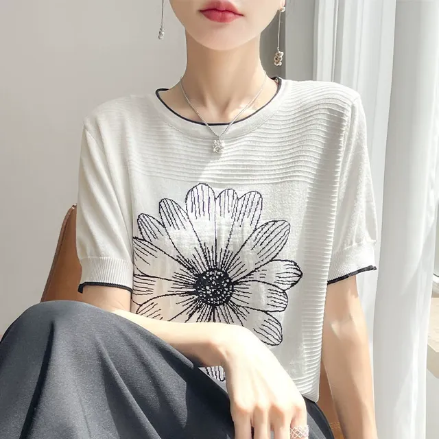 夏季新款冰丝圆领针织短袖女优雅减龄感印花T恤宽松遮肚上衣小衫