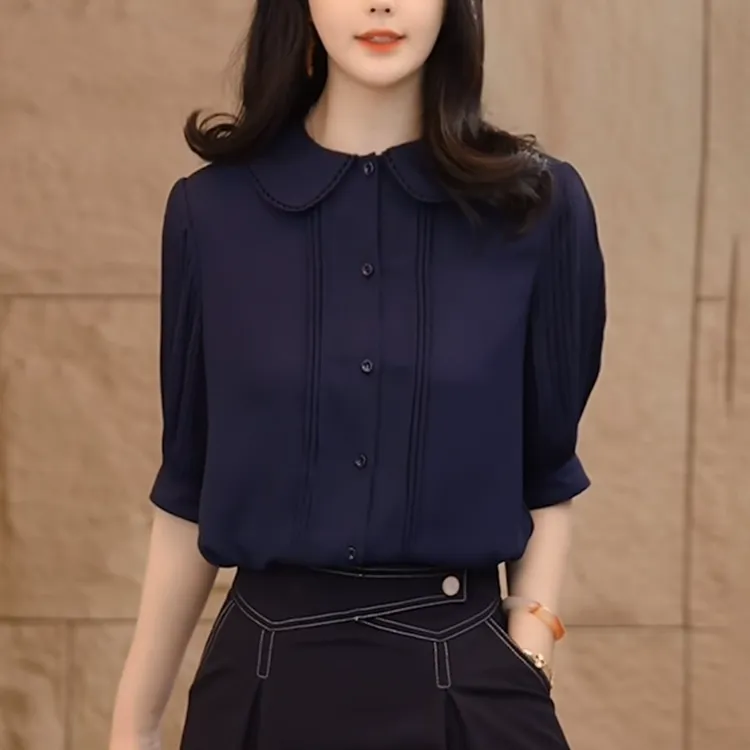 2025夏季藏青色衬衫女士新款设计感洋气减龄宽松半袖休闲显瘦上衣