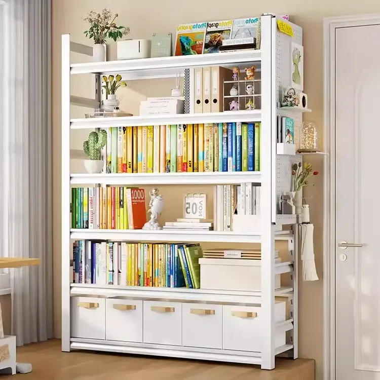 家用钢制书架置物架多层落地儿童书柜铁艺收纳储物架一体靠墙书柜