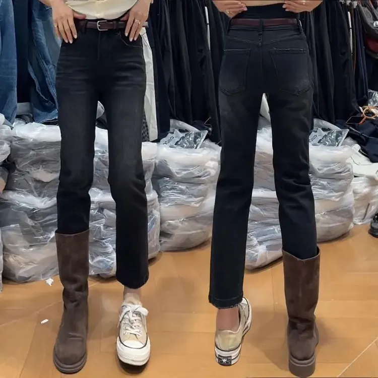 2025春季新款弹力修身直筒牛仔裤大码高腰显瘦百搭复古九分烟管裤