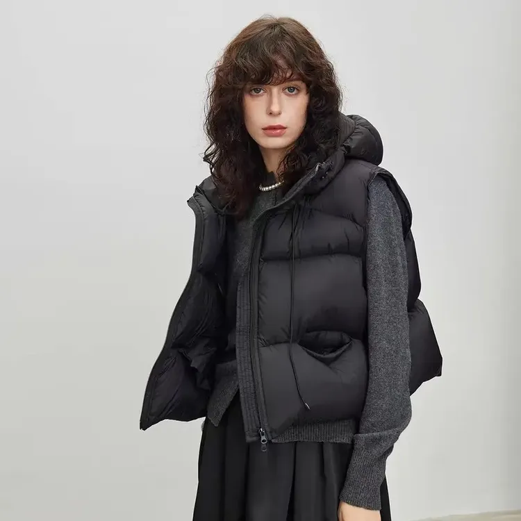 高品质韩版宽松连帽鹅绒马甲秋冬优姿集300克羽绒服短款棉服女