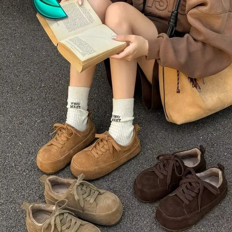 韩系风 包底内增高系带休闲风棉鞋复古