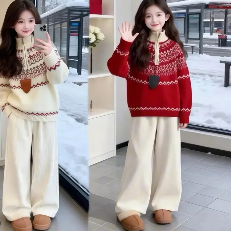 女童毛衣中大童半高领拉链红色毛衣2025冬季新款针织衫套装潮年服