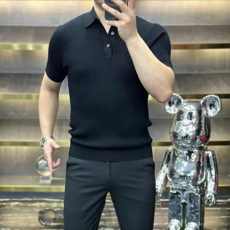 秋季新款短袖男士针织polo衫翻领休闲纯色修身高品质针织t恤男款