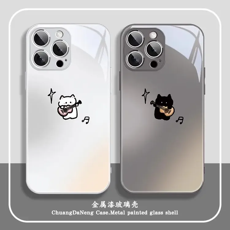 适用黑白吉他猫咪苹果16手机壳iphone15华为oppovivo小米情侣小众