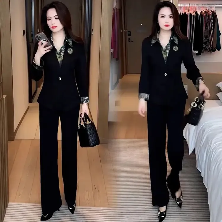 时尚套装女2025新款春季新款气质收腰显瘦长袖上衣阔腿裤两件套潮