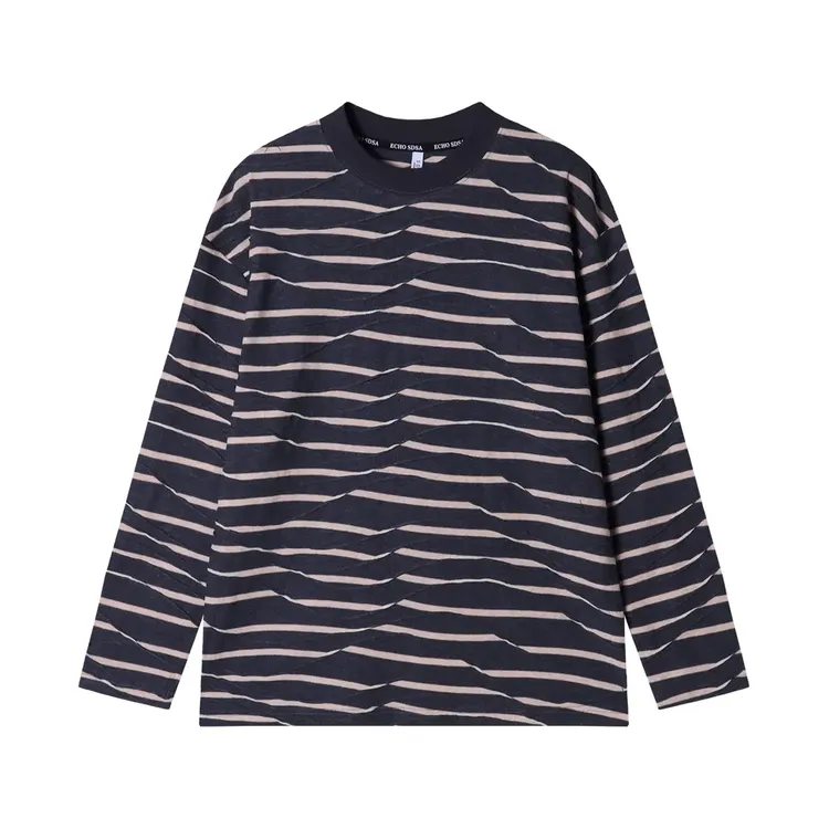 秋季新款美式潮牌条纹圆领套上衣户外情侣宽松时尚打底衣