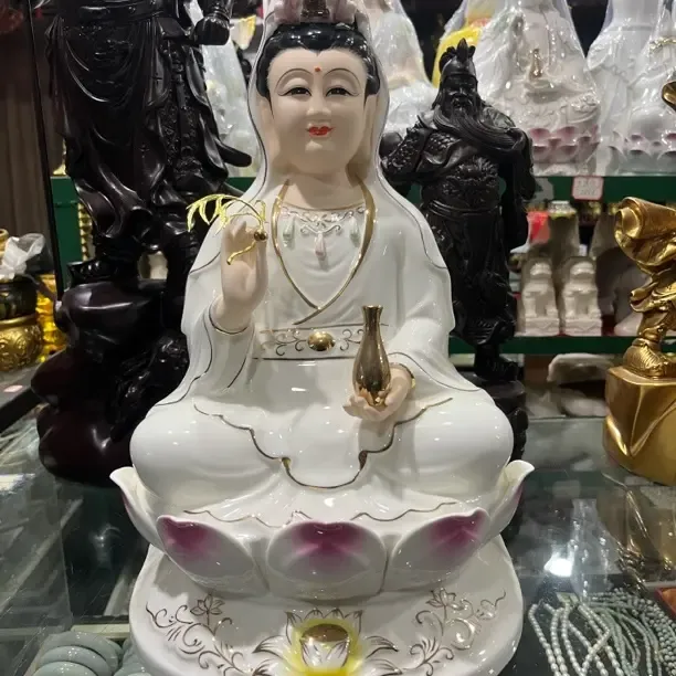 德化陶瓷描金彩坐莲娑婆三圣摆件家用观音地藏如来坐像