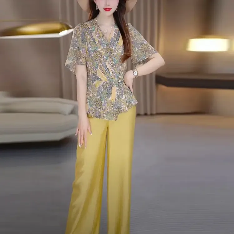 双皱丝时尚高档阔腿裤套装2025夏季新款温婉知性优雅洋气质两件套