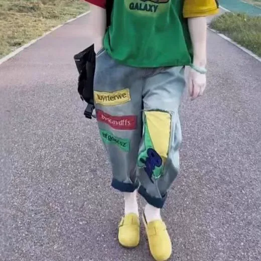 2025年夏季新款拼色印花棉短袖T恤+撞色水洗薄款牛仔哈伦裤两件套