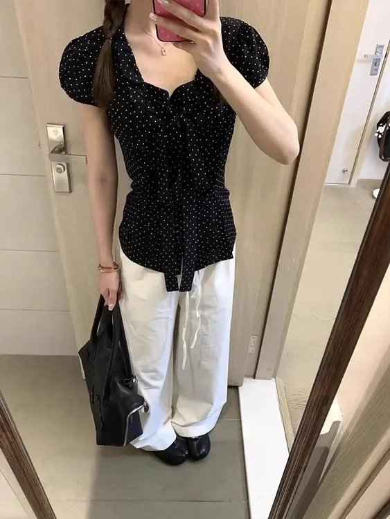 韩系减龄波点蝴蝶结短袖衬衫女夏季修身气质高腰显瘦阔腿裤两件套
