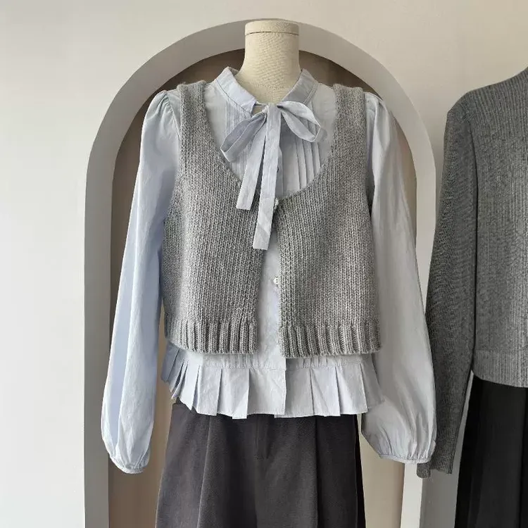 小香风甜美减龄蝴蝶结系带衬衫叠穿针织背心ins秋季上衣两件套女