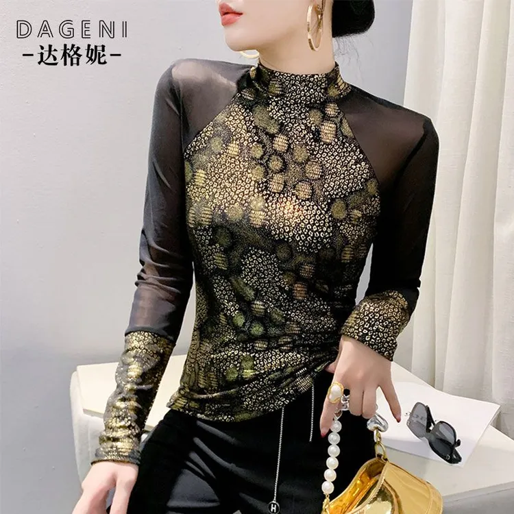 网纱拼接t恤打底衫女秋冬新款内搭烫金长袖上衣时尚洋气小衫