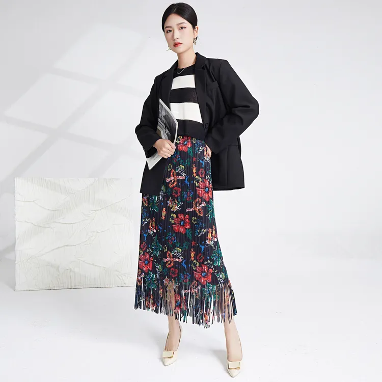 网红流苏百褶裙碎花不起球褶皱半身裙女装长款拼接千金风洋气衣服