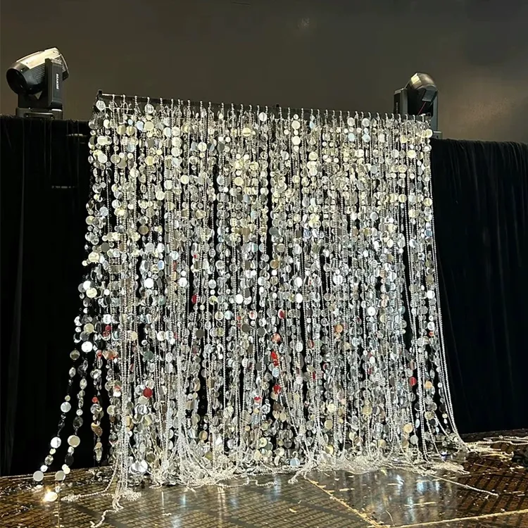 婚庆装饰道具5+3厘米银色亮片帘镜面亮片串背景装饰婚礼舞台挂饰