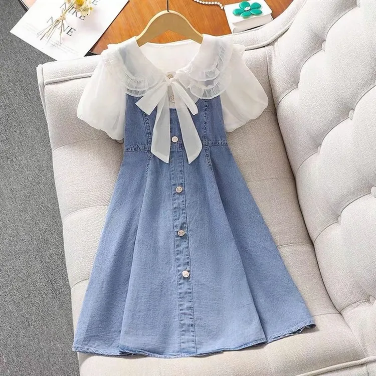 小女孩学院风夏季夏装泡泡袖衬衫牛仔裙女童中大童韩版时尚裙子