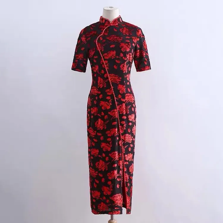 玛丽精选重工端庄中国风烧花气质旗袍女装（501）中长款红色丝绒