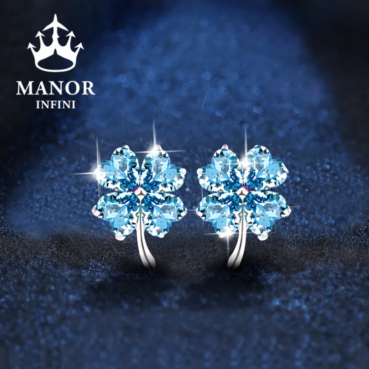 925银耳饰 蓝色四叶草纯银气质女士小耳钉高档女款耳环防过敏高级