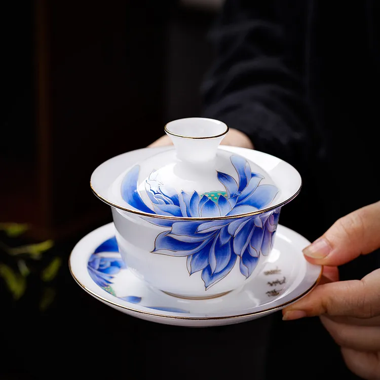 德化冰种玉瓷功夫茶具家用会客泡茶盖碗茶杯高档轻奢礼盒陶瓷描金