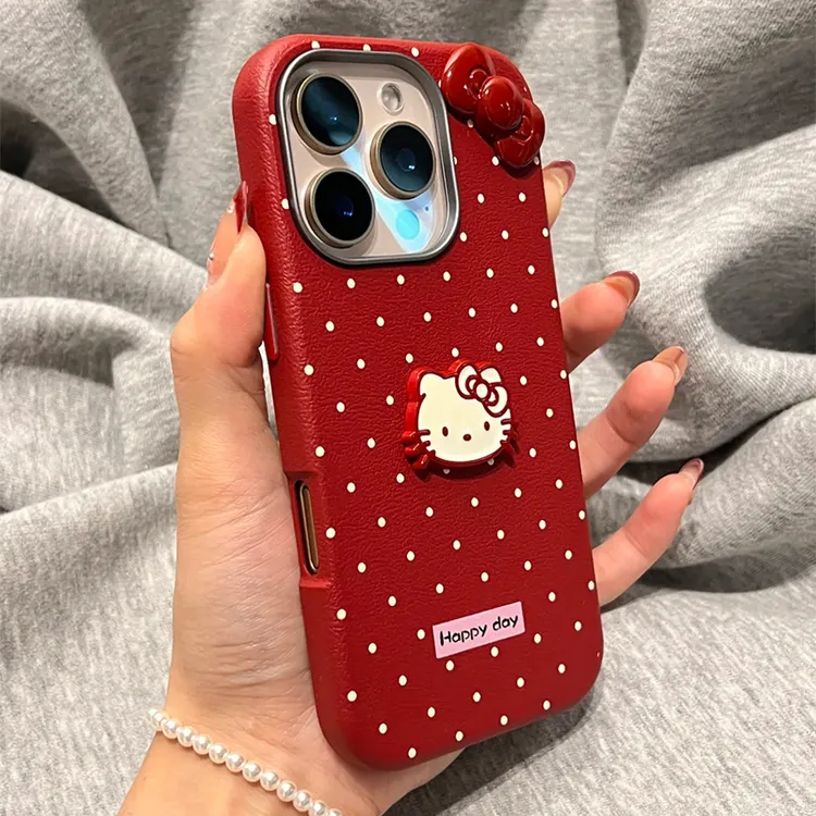 奥菲顿白波点红色凯蒂适用iPhone16荔枝纹15金属框苹果手机壳13套