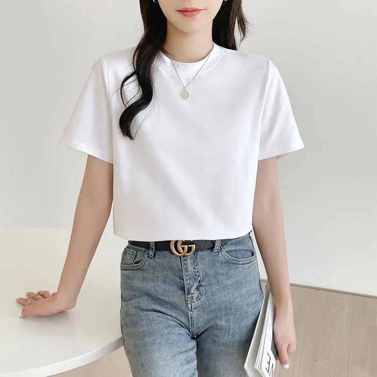 白色半高领t恤女短袖宽松百搭大码上衣春季2024新款女装中领体恤 