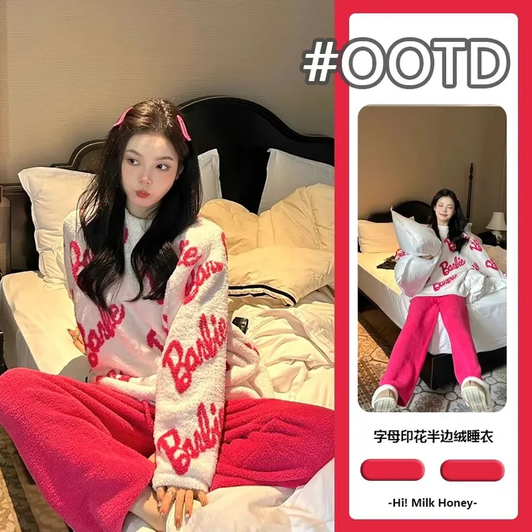2024新款半边绒高端女款秋冬季珊瑚绒家居服冬天秋冬加绒加厚套装