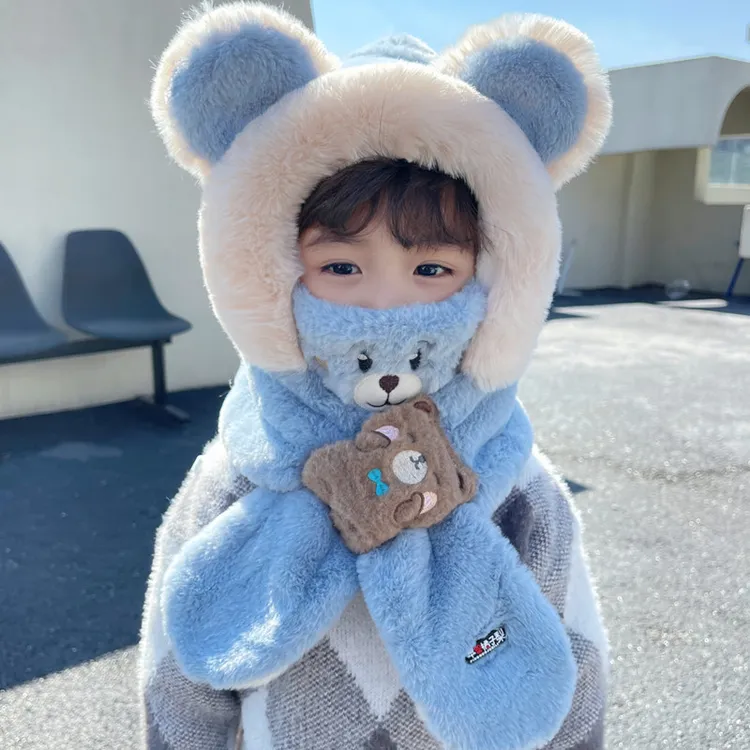 儿童帽子围巾口罩一体秋冬季可爱宝宝加厚护耳帽男女童保暖防风帽