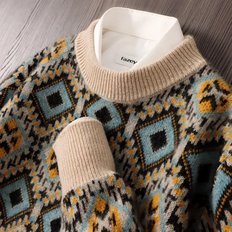 男士纯羊毛衫秋冬新款宽松圆领加厚复古套头毛衣休闲商务针织打底