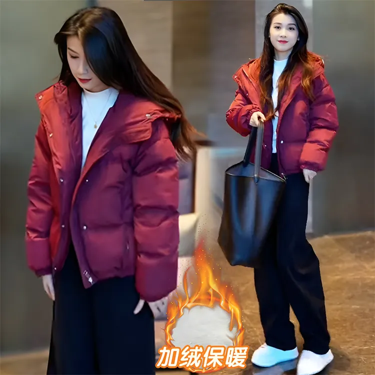 小个子加绒加厚保暖棉服外套女连帽棉衣宽松百搭面包服短款棉袄潮