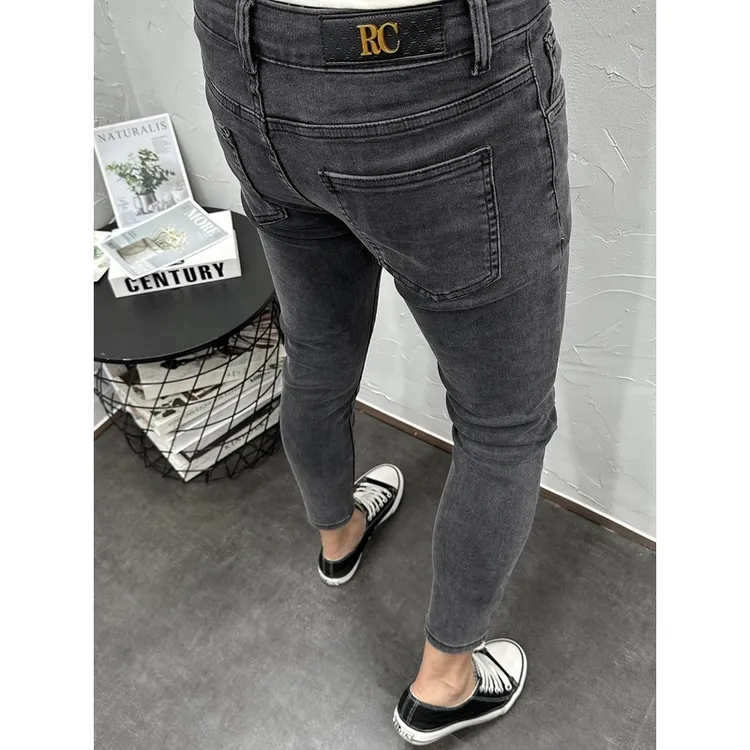 潮流时尚简约百搭黑灰色紧身牛仔裤男韩版修身小脚水洗弹力九分裤