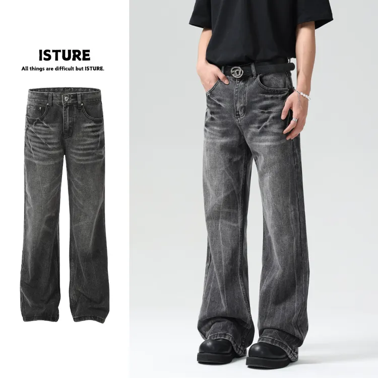 ISTURE 美式闪电爆裂纹牛仔裤黑色重磅水洗高街cleanfit微喇长裤