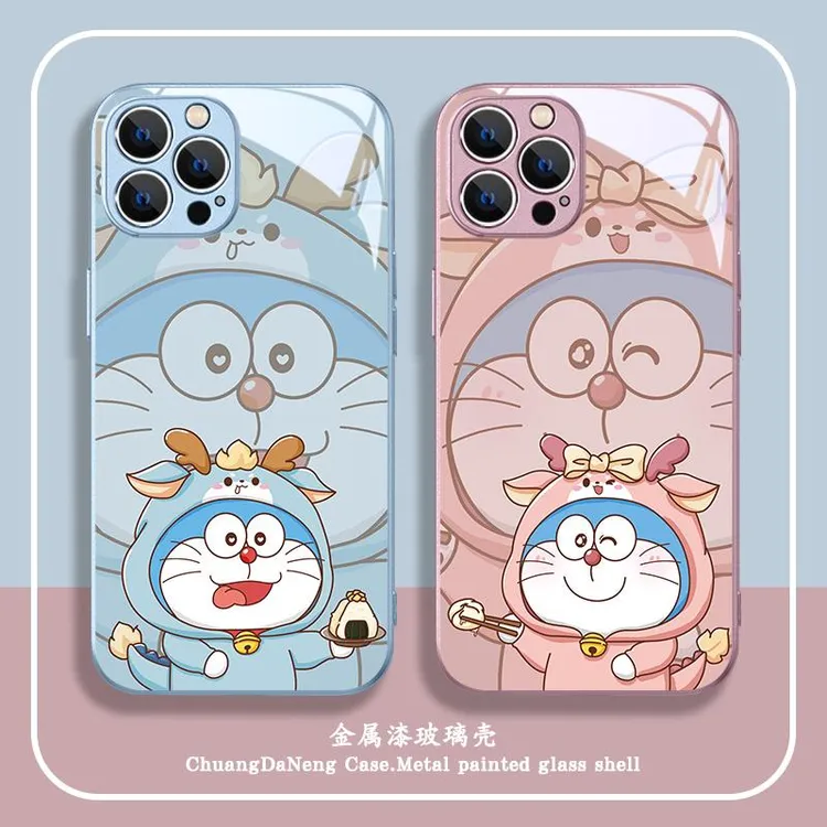 情侣适用苹果15/华为/小米/OPPO/VIVO手机壳玻璃14卡通哆啦13新款