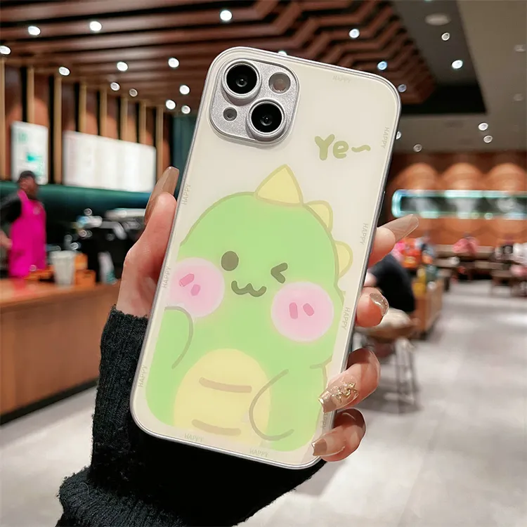 适用iPhone15promax苹果14高级手机壳保护套13可爱小恐龙12玻璃壳