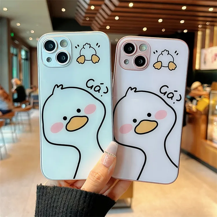 适用iPhone14promax苹果13高级手机壳保护套11可爱鸭子12玻璃壳xr