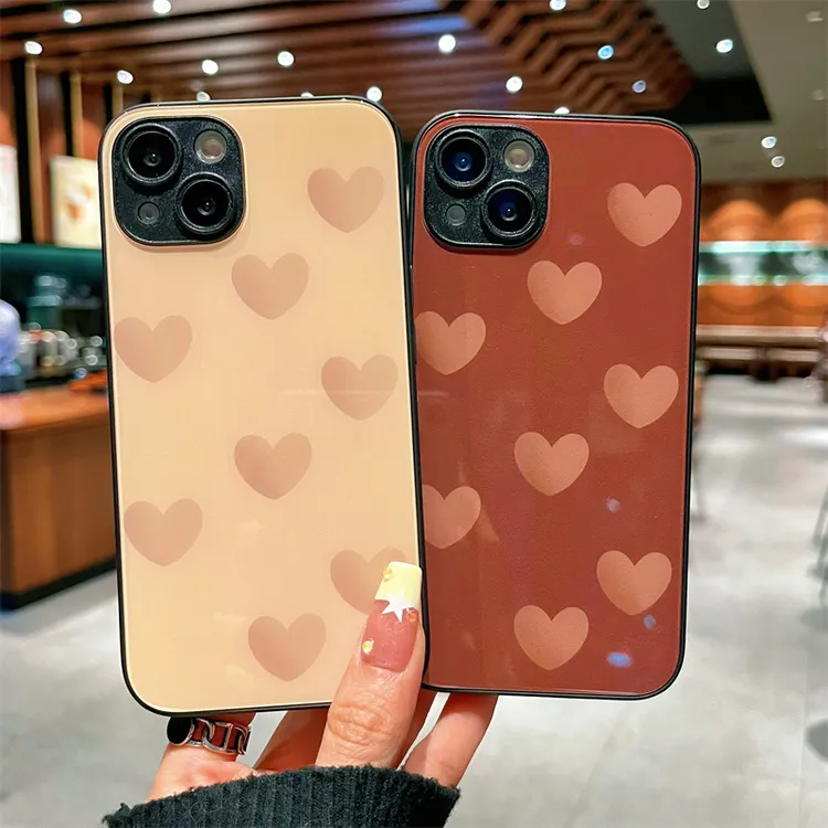 适用iPhone15promax苹果14高级手机壳保护套13美拉德爱心12玻璃壳