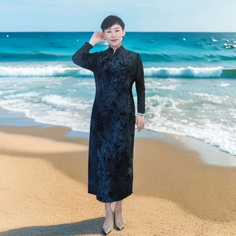 【梅香】加绒加厚大码高级灰蓝旗袍长袖修身中国风提花日常显瘦