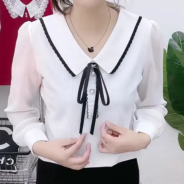 2023女春季新款百搭娃娃领打底衫时尚气质蝴蝶结韩版宽松显瘦上衣