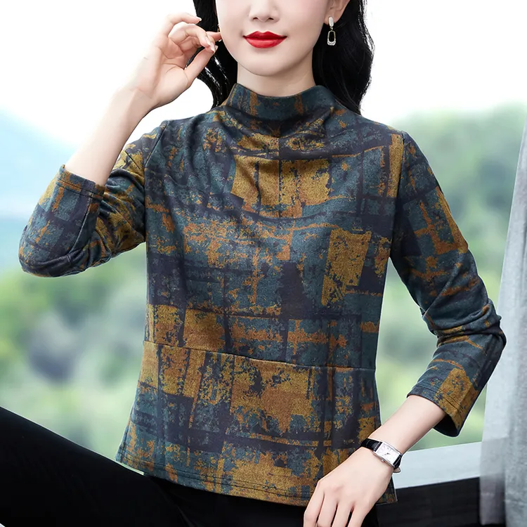 长袖t恤女秋冬双面德绒打底衫中年妈妈装保暖半高领加绒内搭上衣