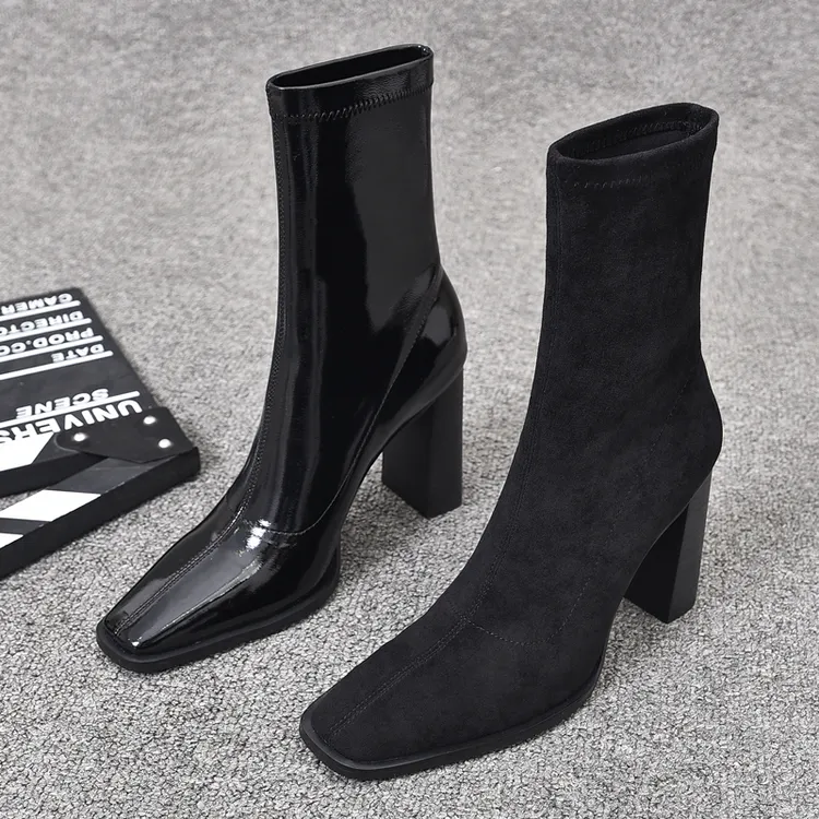 肯豆同款方头高跟短靴女秋冬洋气女款百搭气质瘦瘦靴黑色粗跟靴子