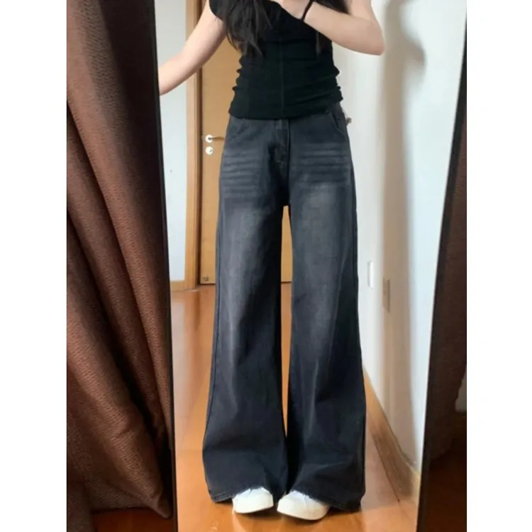 黑灰色做旧直筒牛仔裤女小个子秋冬新款宽松显瘦梨形身材阔腿裤子