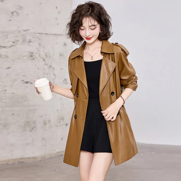皮衣外套女小个子中长款春秋高级感收腰显瘦英伦风西装皮风衣大衣