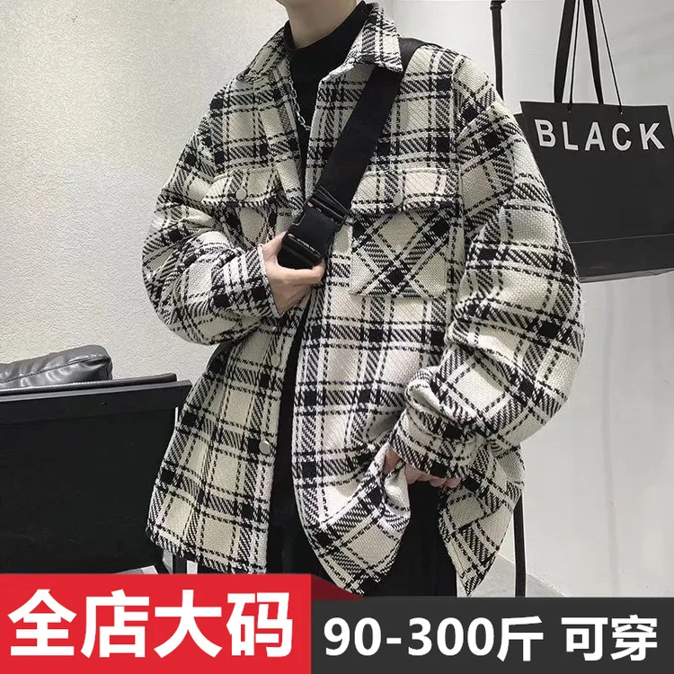 毛呢格子衬衫外套男港风春秋季新款潮流休闲大码宽松百搭帅气衬衣