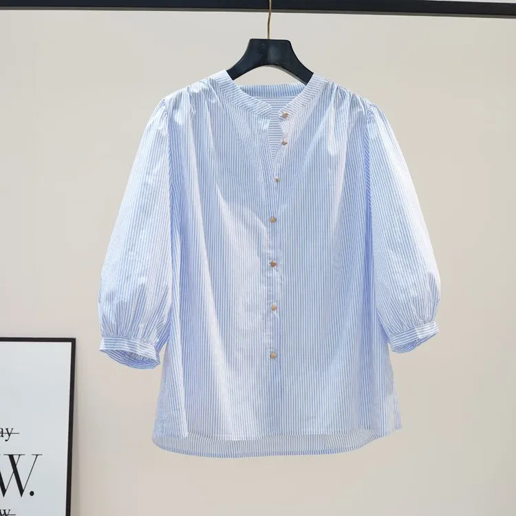 2025新款立领条纹棉衬衫宽松休闲衬衣七分泡泡袖甜美可爱风格衣服
