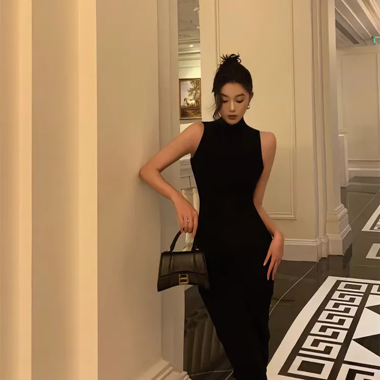 复古高领无袖针织连衣裙修身收腰包臀裙