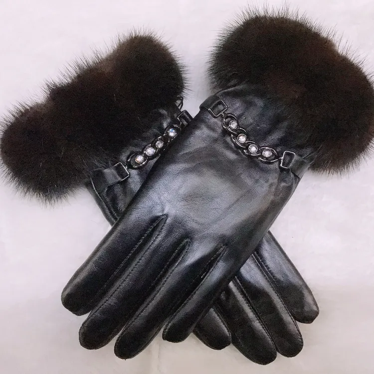 时尚保暖高端羊皮水貂毛口气质女神手套百搭黑色加厚加绒暖手套