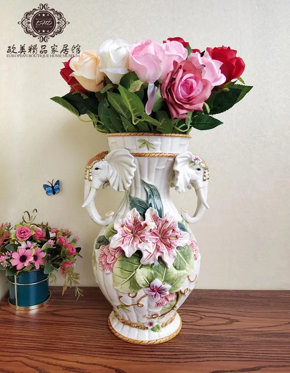 Function art纯手绘釉下彩招财象大花瓶欧式居家插花器电视柜装饰