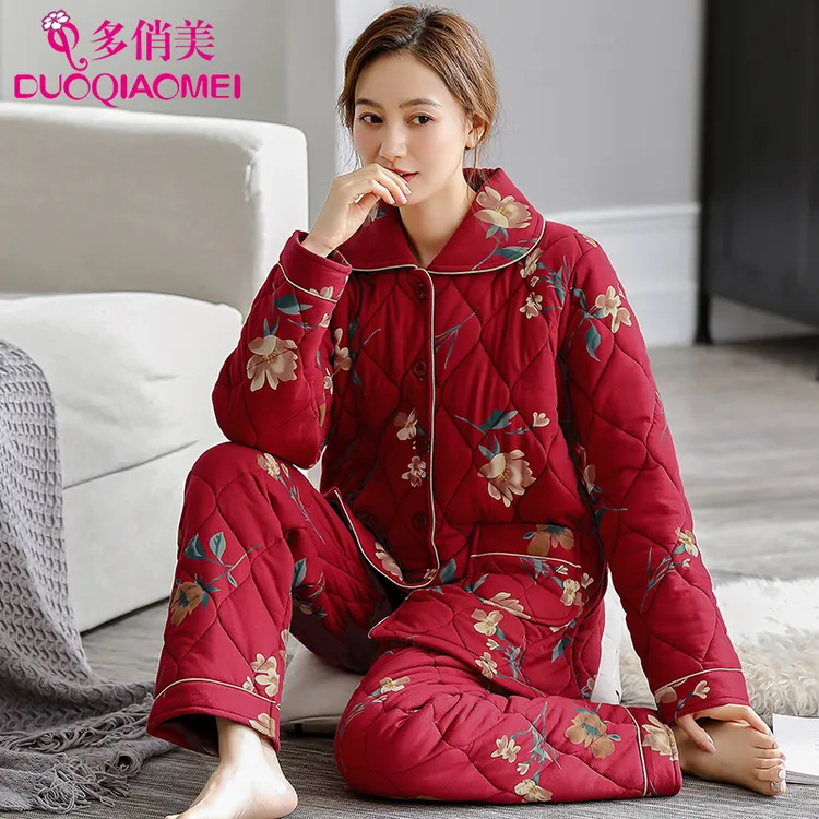 秋冬季睡衣女纯棉夹棉袄加厚保暖加棉中年妈妈冬款全棉家居服套装