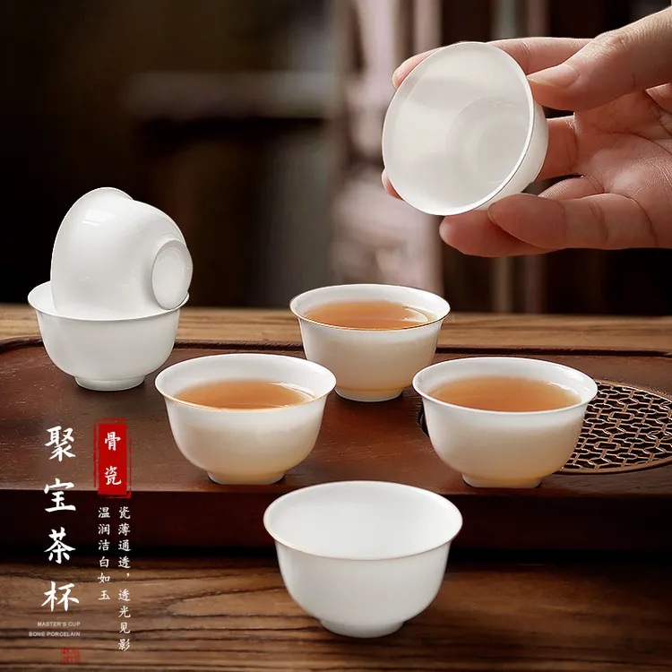 高骨瓷茶杯薄胎白玉令潮州功夫茶杯描金小巧品茗杯喝茶泡单丛透光