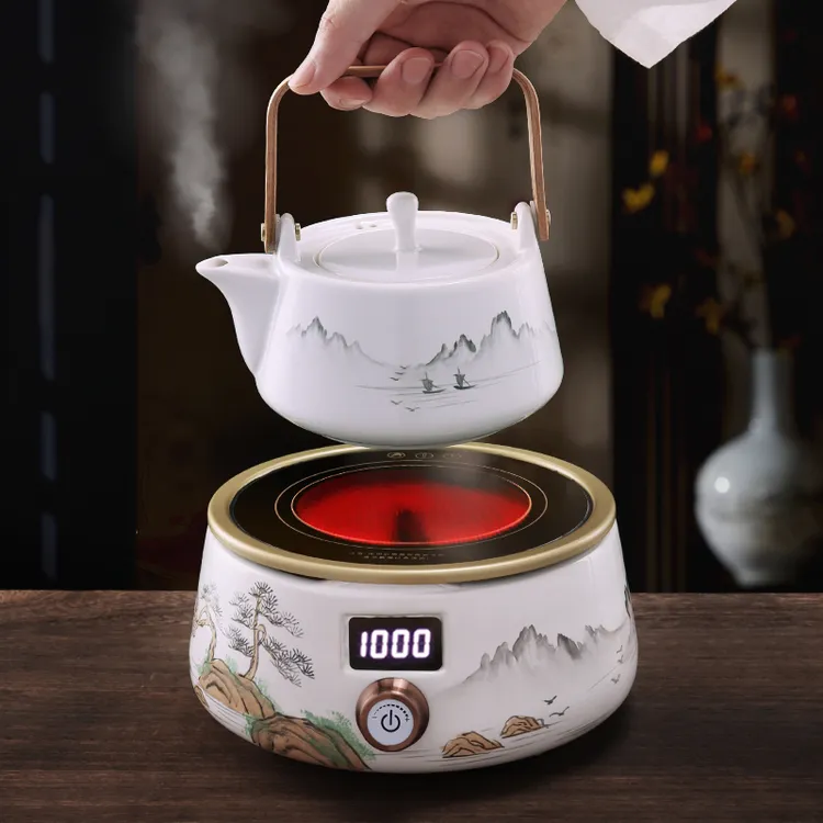 纯手工手绘提梁壶白泥陶壶家用电茶炉复古烧水壶简约煮水泡茶高档